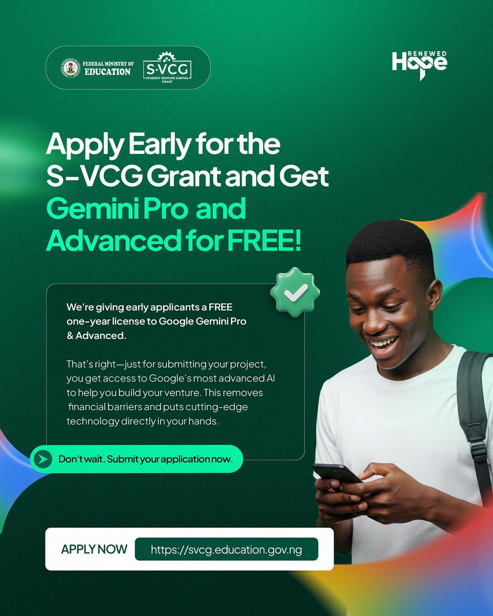 NigEducation's tweet image. FG  launches ₦50m Student Venture Capital Grant to empower student innovators with funding, mentorship, and global-scale opportunities. Apply now.