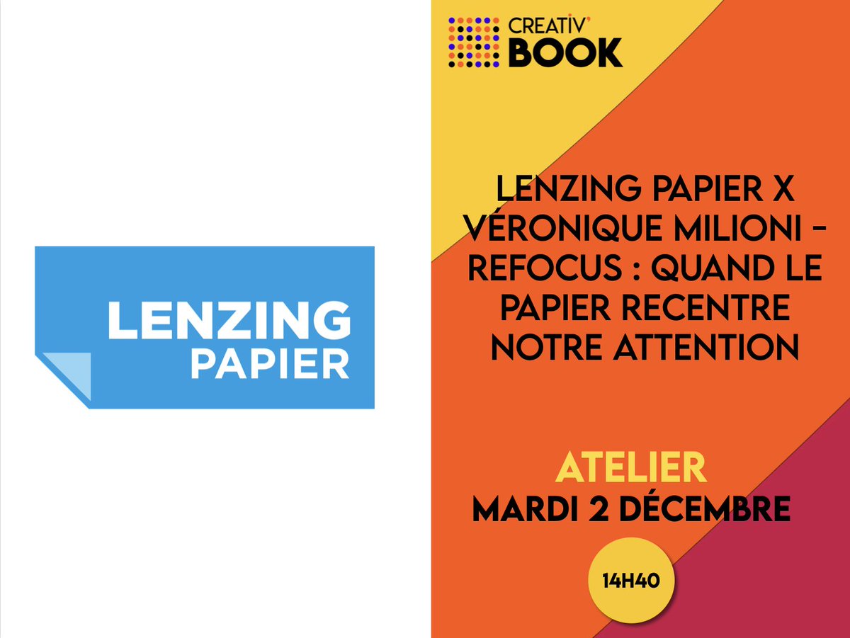 [ATELIER🗣]
"Lenzing Papier X Véronique Milioni - ReFocus : quand le papier recentre notre attention": 02/12 14H40 atelier de <a href="/LenzingPapier/">Lenzing Papier</a> sur #creativbook
À retrouver en stand N°B08 !
🎤 Véronique Milioni
Inscrivez-vous gratuitement : urls.fr/tUGQv4
 
#atelier #papier