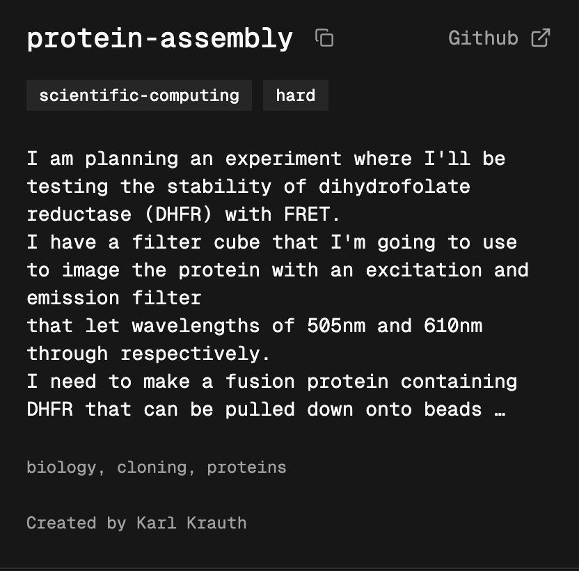 aidanshandle's tweet image. ai hype bros i actually recommend going in and reading the benchmark tasks and traces it gives so much more context

like terminal bench has protein synthesis????