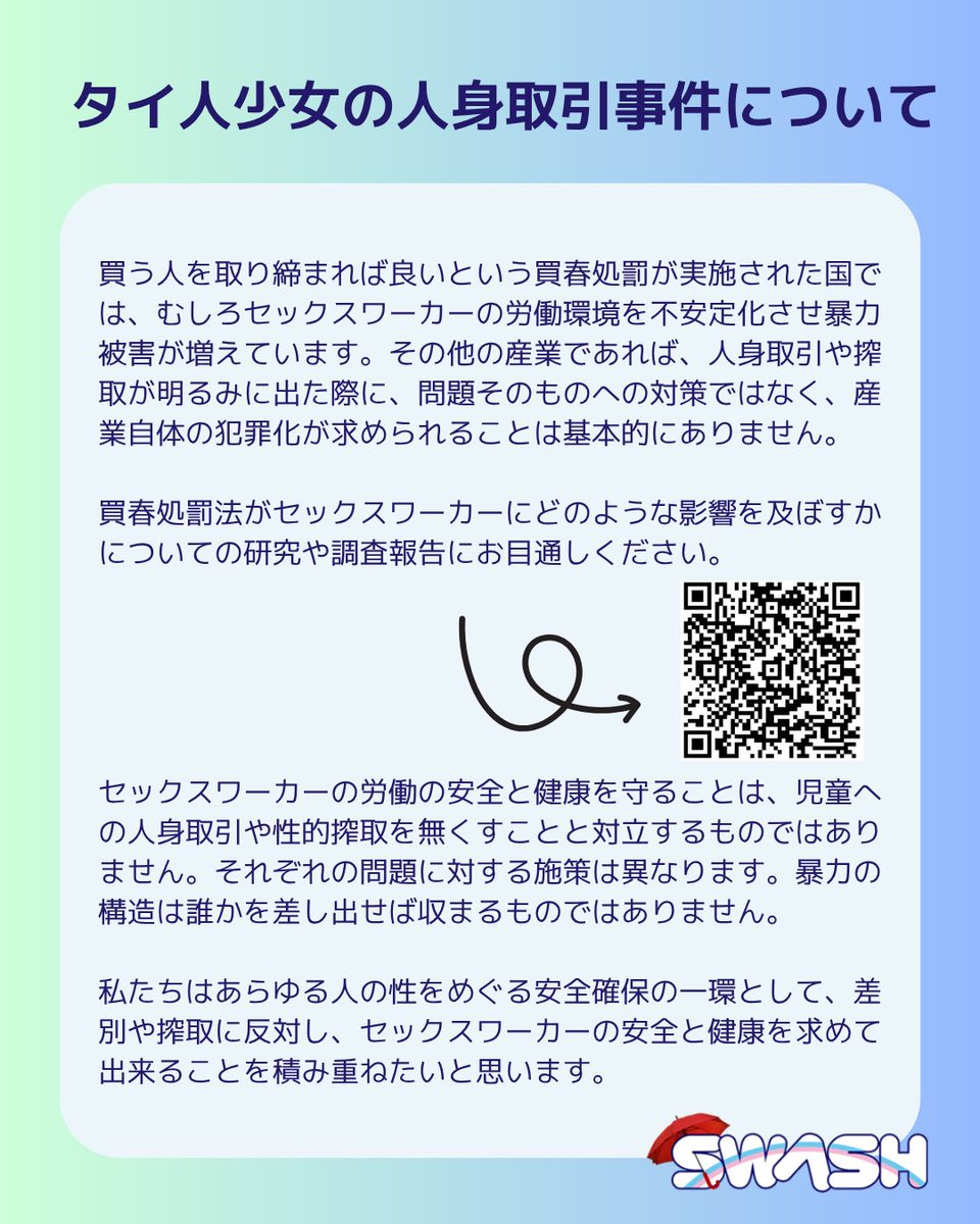 swash_jp's tweet image. 【タイ人少女の人身取引事件について】

買春処罰に関する記事はQRコードもしくは以下リンクから🔗

syncable.biz/campaign/6808/…