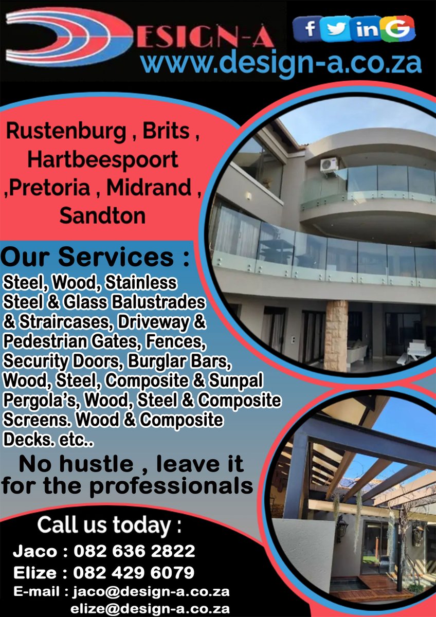 DesignAPretoria's tweet image. We Design, Manufacture and Install - Steel, Stainless Steel &amp;amp; Glass Balustrades, Driveway Gates, Fences, Security Doors, Burglar Bars, Decks and much more...