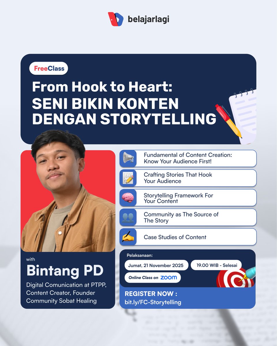 Storytelling itu bukan skill tambahan. Itu cheatcode. Konten bisa biasa aja, tapi kalau ceritanya nyampe ke hati, hasilnya beda banget.

Bikin konten yang bukan cuma dilihat, tapi bisa dirasain. Bareng kak <a href="/BintangPD/">Bintang Putra</a> daftar kelas gratis sekarang: bit.ly/FC-Storytelling

Di sini