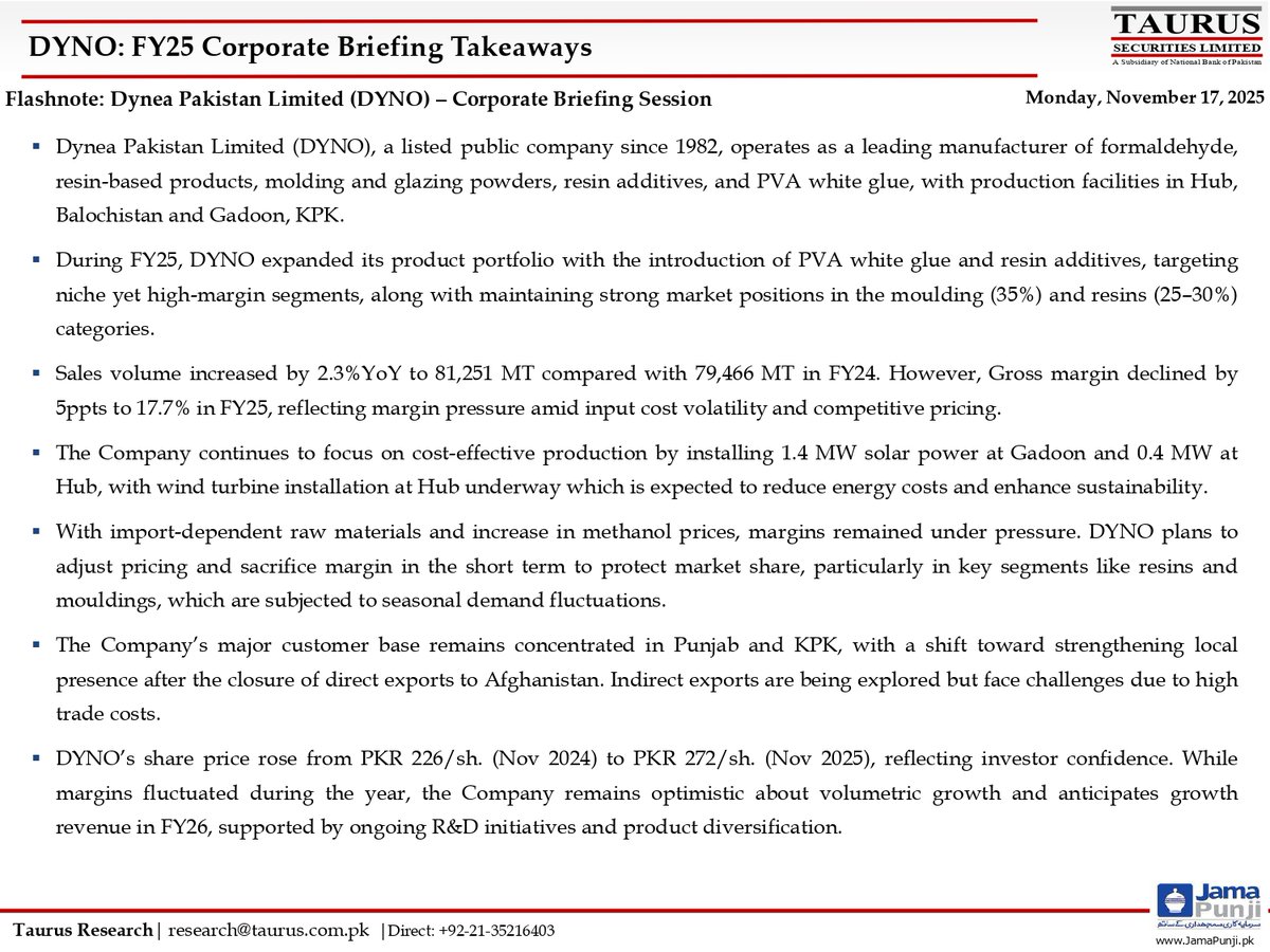TSL_Research's tweet image. Dynea Pakistan Limited (DYNO) – Corporate Briefing Session
Link: shorturl.at/gtmq7

#DyneaPakistanLimited #DYNO #CorporateBriefing #PSX #stockmarket