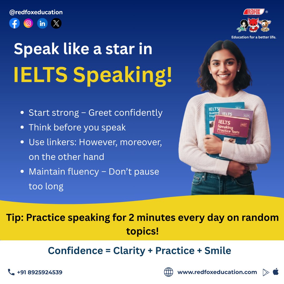 RedFox_EdTech's tweet image. Boost your IELTS Speaking skills with simple daily practice! Learn to greet confidently, use linkers, stay fluent, and speak with clarity.

Learn more: redfoxeducation.com/products/ielts…

#IELTSSpeaking #IELTSPreparation #IELTSTips  #SpokenEnglish #IELTS2025 #RedFoxEducation