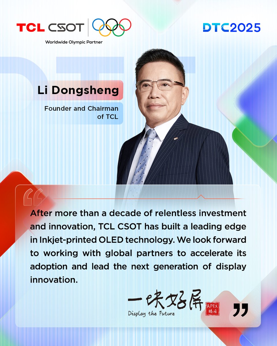 TCL_CSOT's tweet image. #TCLCSOT leaders are shaping the next era of #displaytech.

From Inkjet-printed OLED (#IJPOLED) to AI-powered integration and #APEX, #innovation meets purpose—advancing progress for people and the planet.

Discover what our leaders have to say. #DisplaytheFuture