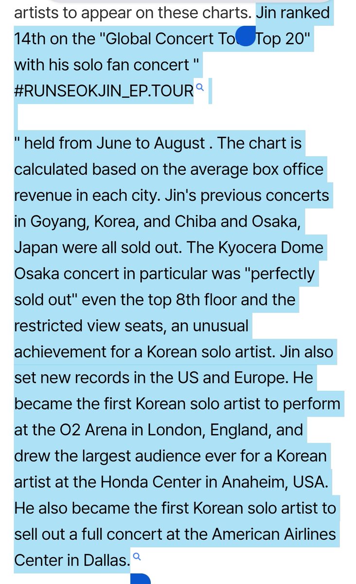📌Jin ranked 14th on the "Global Concert Tour Top 20"
📌 The Kyocera Dome Osaka concert in particular was "perfectly sold out" even the top 8th floor and the restricted view seats, an unusual achievement for a Korean solo artist.