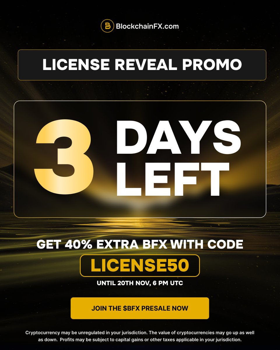 BlockchainFXcom's tweet image. ⏳ Only 3 days left.

Use LICENSE50 to get 40% extra BFX during the promo.

Offer ends 20th Nov, 6 PM UTC.

Join the $BFX presale now 👉 BlockchainFX.com

#BFX #BlockchainFX #Promo #Presale #Crypto #Web3