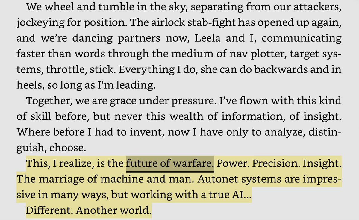 lispmeister's tweet image. “This, I realize, is the future of warfare. Power. Precision. Insight. The marriage of machine and man. Autonet systems are impressive in many ways, but working with a true AI... Different. Another world.”

The prose of the space fight scenes in Theft of Fire by @Devon_Eriksen_…
