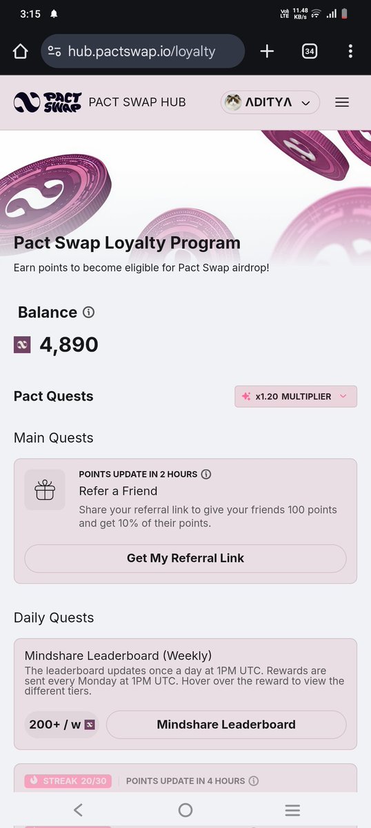 Aditya308864525's tweet image. Sitting at Rank #184 on the @Pact_Swap leaderboard  consistently staying under the Top 200 🔥

Daily check-ins, daily claims, and steady engagement are the keys to climbing higher everyday.

Stay active, keep interacting, and the Top 100 is only a matter of time 💪

#PACTSWAP