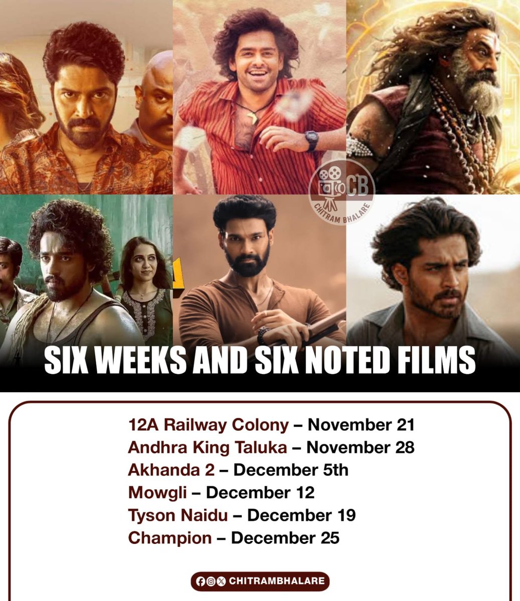 #Tollywood - Six Weeks and Six Films 

• #12ARailwayColony – November 21 (#AllariNaresh)
• #AndhraKingTaluka – November 28 (#RamPothineni)
• #Akhanda2 – December 5th (#NBK)
• #Mowgli – December 12 (#SandeepRaj)
• #TysonNaidu – December 19 (#SaiSreenivas)
• #Champion –