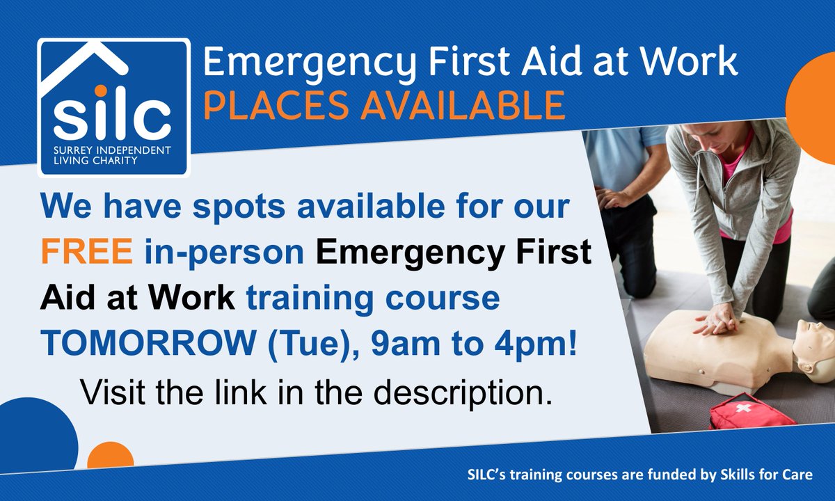 SurreyILC's tweet image. We have spots available on our FREE in-person Emergency First Aid at Work course TOMORROW! Reserve your spot now via
eventbrite.co.uk/e/emergency-fi…

#FreeTraining #PersonalAssistant #SupportWorker #SurreyPAs @skillsforcare