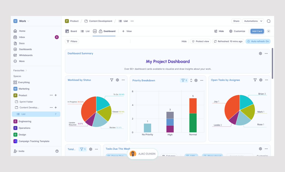 OA_ajao's tweet photo. Turning complexity into coordinated motion.

Part 4 of my @clickup -inspired SaaS flow rebuild focuses on the Project Management Dashboard. The pulse of every workspace. https://t.co/oCZFEUp1XB