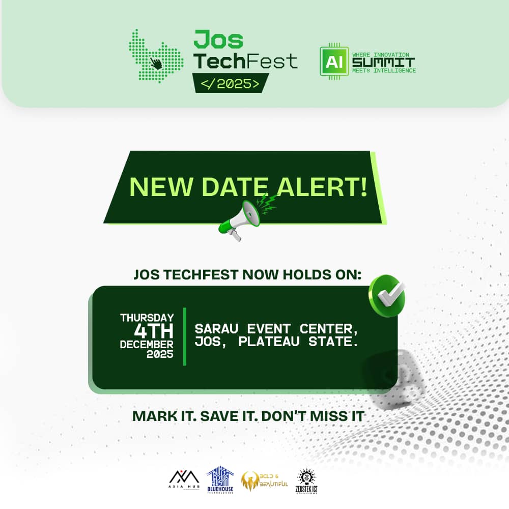 jostechfest's tweet photo. NEW DATE ALERT!

Jos TechFest now holds on Thursday, 4th December 2025 at Sarau Event Center, Jos, Plateau State.

We’re shifting to a new date — but the energy, innovation and impact remain unstoppable.
Save the date. Tell a friend. Don’t miss it 📷

#JosTechFest2025 https://t.co/MeGnEYlI1s