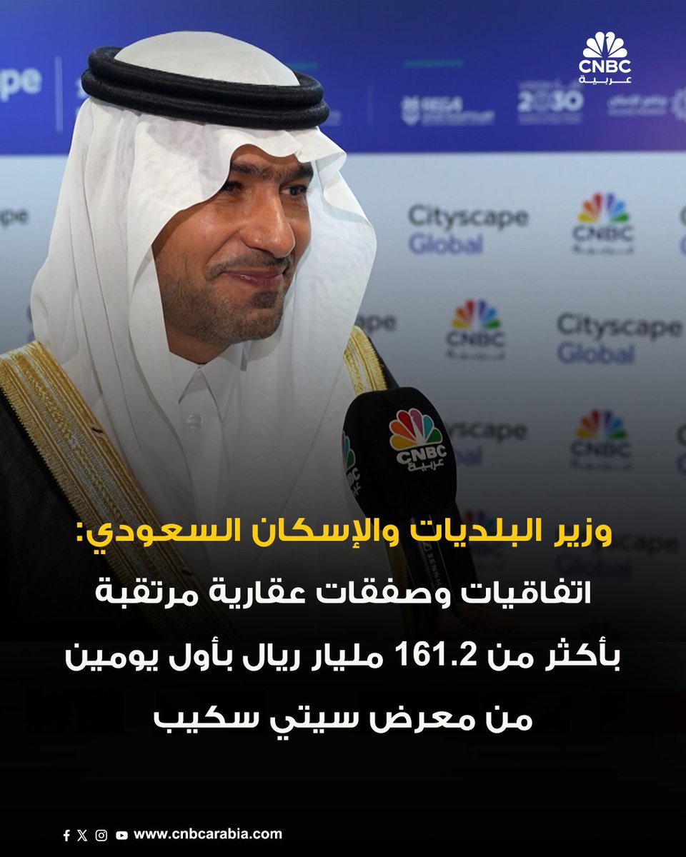 ⭕وزير البلديات والإسكان السعودي ماجد الحقيل:

أول يومين من معرض سيتي سكيب سيشهد اتفاقيات وصفقات عقارية تتجاوز 161.2 مليار ريال

961 مليار ريال حجم القروض العقارية للأفراد والشركات حتى الربع الثاني 2025

65% نسبة تملك السعوديين للمساكن حتى نهاية 2024

العقار والتشييد حاز على