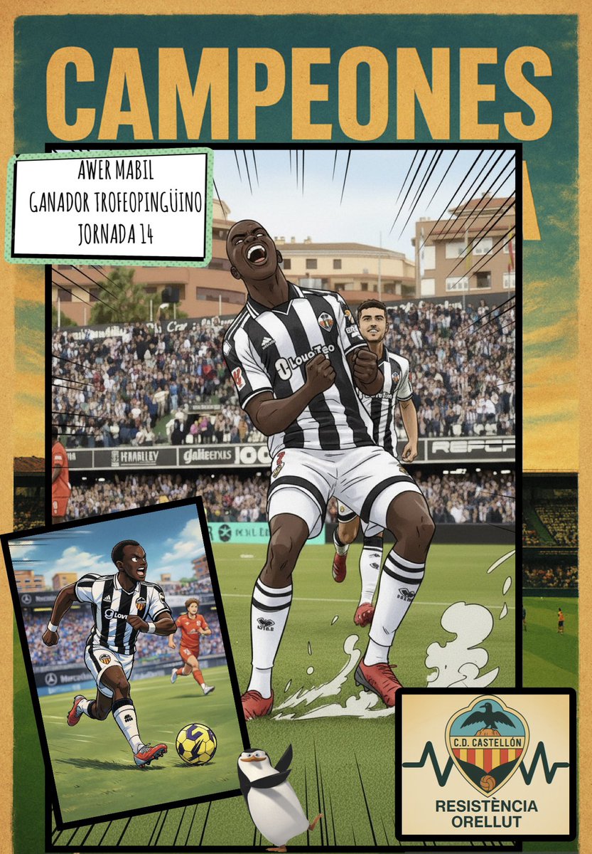 Sí! Awer Mabil se hace con el #TrofeoPingüino🐧 de la jornada, 1 gol y 2 asistencias vaya que lo hacen decisivo!
A seguir Awer! <a href="/CDCastellon/">CD Castellón</a>