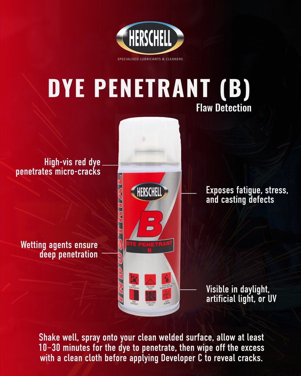 Herschell_SA's tweet photo. The ABC’s of Weld Testing 🧑🏽‍🏭

Our three-part penetrant system is designed to make surface crack detection fast, clear and consistent.

🟢A → Weld Cleaner
🔴B → Dye Penetrant
🔵C → Developer

Available at leading hardware stores across South Africa.

#Herschell #TheNameBehindPerformance #WeldTesting #Fabrication #NonDestructiveTesting #Hardware