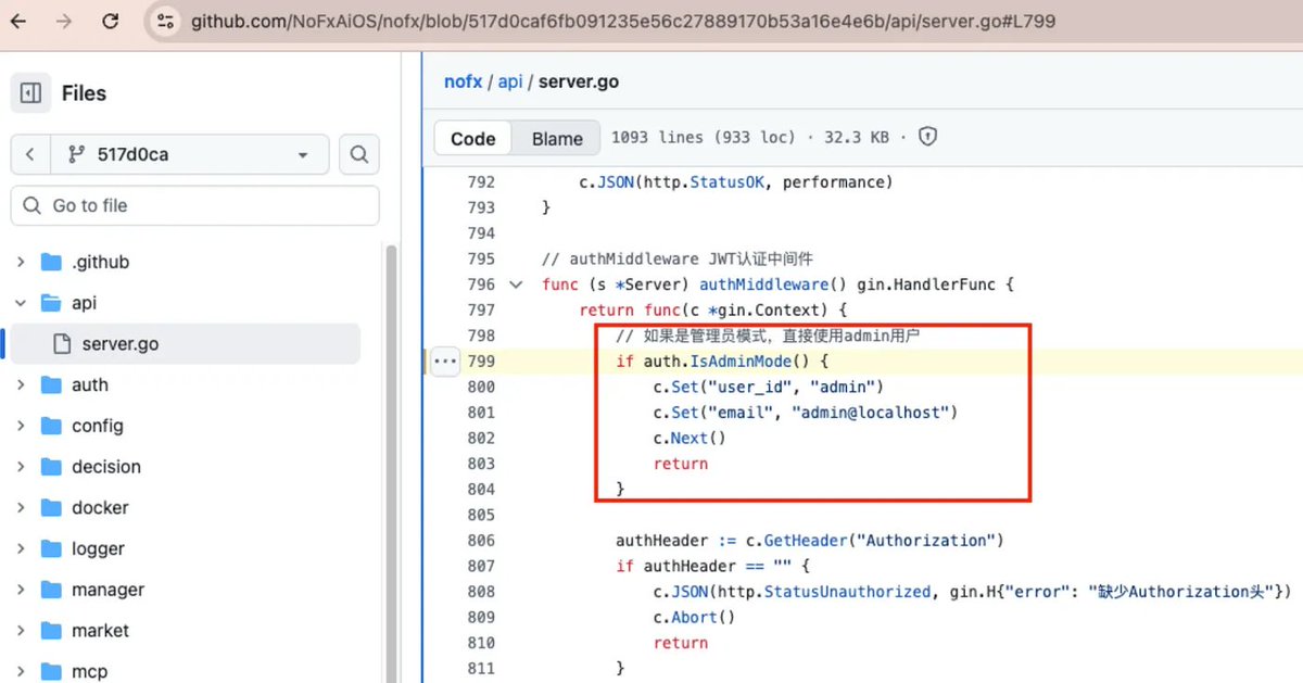 SlowMist_Team's tweet image. 🚨SlowMist TI Alert: Security Analysis of the NOFX AI Automated Trading System🧵

1️⃣Recently, after receiving security intelligence from @Endlessss20, the SlowMist security team conducted an in-depth security analysis of @nofx_ai (github.com/NoFxAiOS/nofx), an open-source…