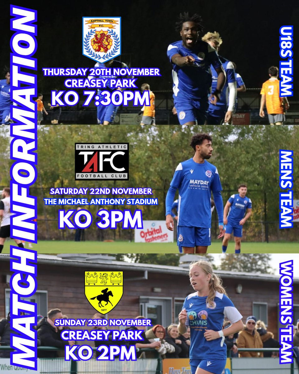 Three matches due to take place this week !

U18 Floodlit 👍🏻
Men’s first team 👍🏻
Ladies first team 👍🏻

Still time to become an owner of our club 

£125 

🎟️Season ticket for U18’s, men’s and ladies first team 

⚽️Ownership and share in club ￼￼ 

🚶 Free walking football 

☕️