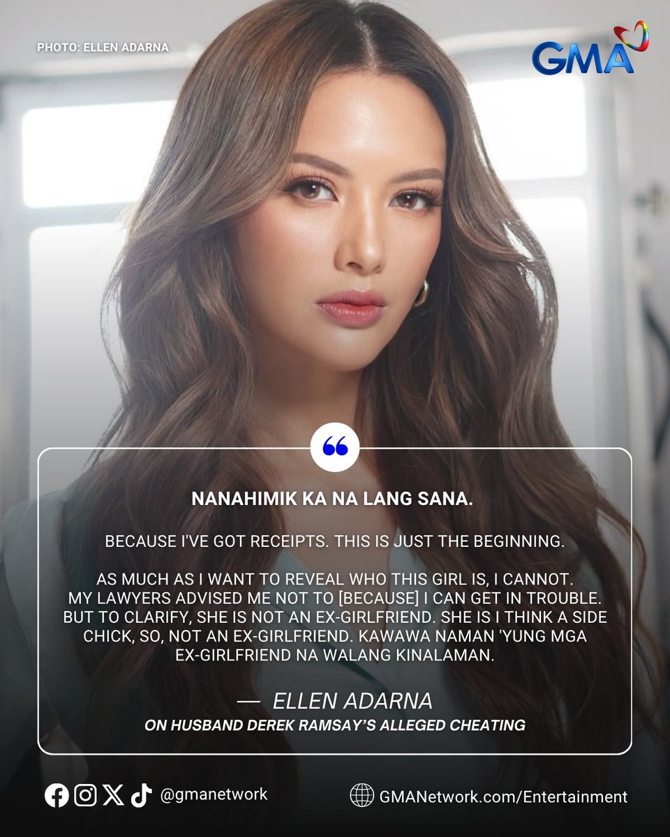 gmanetwork's tweet image. &quot;NANAHIMIK KA NA LANG SANA.&quot;

#EllenAdarna drops screenshots of husband #DerekRamsay&apos;s alleged conversation with another woman on Instagram Stories, fueling cheating rumors.

Read the full story HERE: bit.ly/4r4nTqM

#KapusoTalks
#KapusoShowbizNews