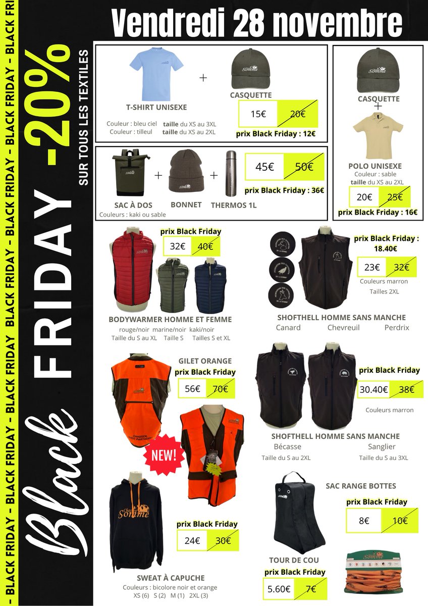 [ BLACK FRIDAY ]🛍️
La #Fédération des #chasseurs de la #Somme organise une journée spéciale #BlackFriday le 𝘃𝗲𝗻𝗱𝗿𝗲𝗱𝗶 𝟮𝟴 𝗻𝗼𝘃𝗲𝗺𝗯𝗿𝗲 𝟮𝟬𝟮𝟱 au siège social de la Fédération. 
🛍️ -𝟮𝟬% 𝘀𝘂𝗿 𝘁𝗼𝘂𝘁 𝗹𝗲 𝘁𝗲𝘅𝘁𝗶𝗹𝗲.