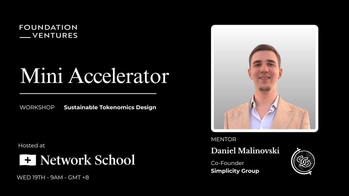SimplicityWeb3's tweet image. Network School Mentorship Announcement 🚀

We’re excited to share that our Co-Founder, Daniel Malinovski, has been invited to mentor and host a Tokenomics Design Workshop at the @ns accelerator hosted by @FoundationVent on November 19th.

The Network School, an initiative led by…