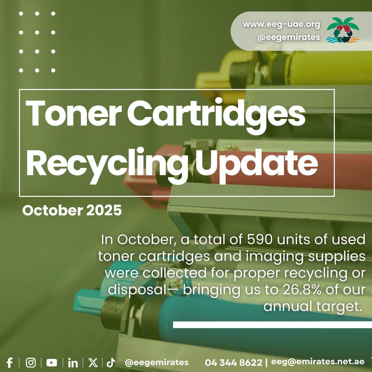 We’re making solid progress toward EEG’s 2025 toner recovery goal! In October, we collected 590 used toner cartridges now at 26.8% of our annual target.
Recycling Champions:
Family: Ali Darwish Alzaabi – 12 units
Companies: Novotel &amp; Ibis WTC – 308 units
Join: eeg@emirates.net.ae