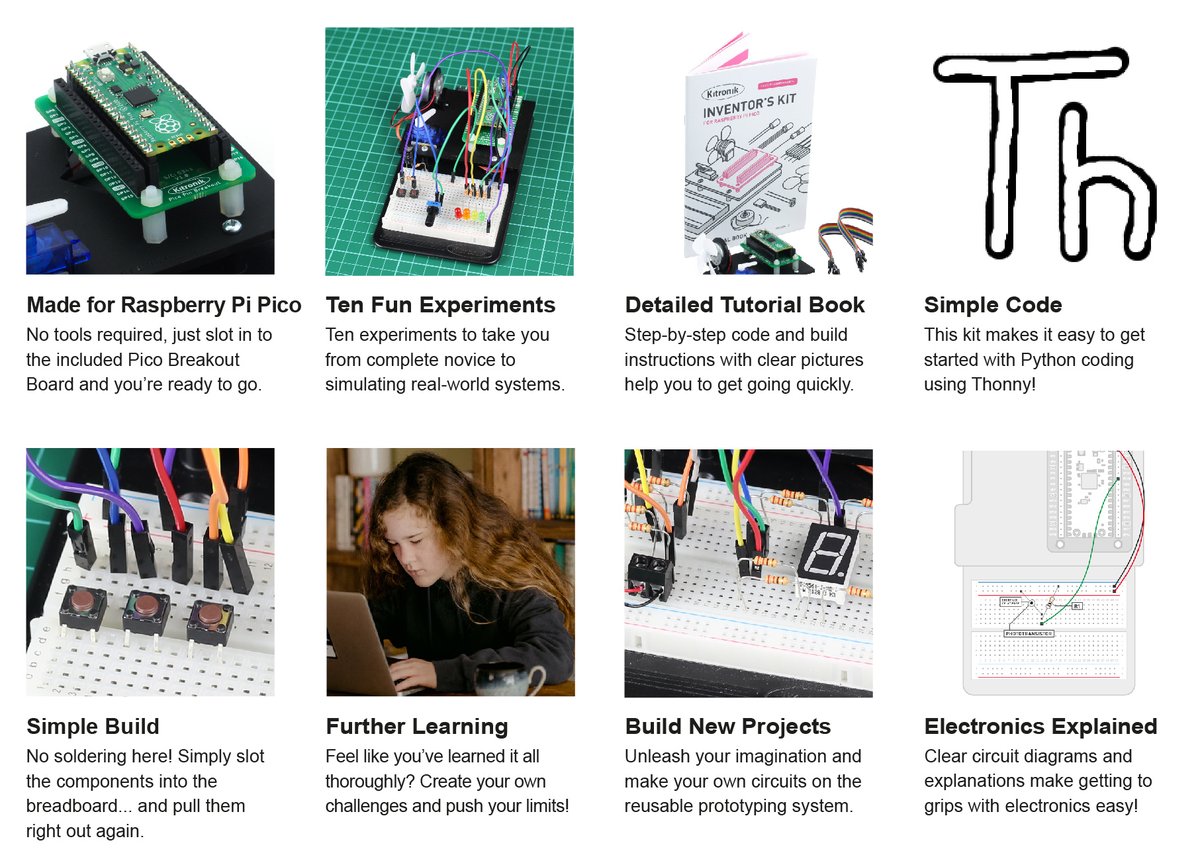 Kitronik's tweet image. Online resources for the Kitronik Inventor&apos;s Kit for the Raspberry Pi Pico

Each of the 10 experiments has an online resources page with an explanation video and the code that can be copy pasted.

Learn Now!

kitronik.co.uk/blogs/resource…

#raspberrypipico #teachers