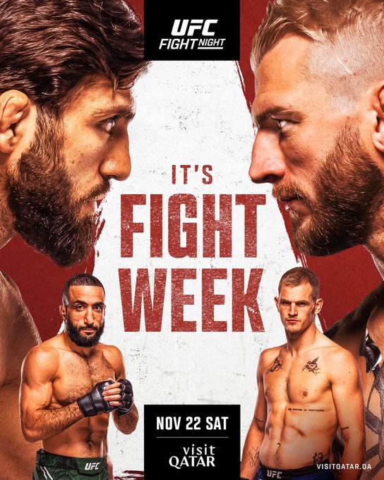 Official UFC promotional poster divided into sections showing four fighters in athletic poses wearing gloves and shorts. Top left features a fighter with dark hair and beard facing right. Top right shows a fighter with light hair facing left. Bottom left displays a fighter with short dark hair and tattoos facing right. Bottom right depicts a fighter with short light hair facing left. Central red text reads Its Fight Week with UFC logo above and Qatar event details below including date November 22.