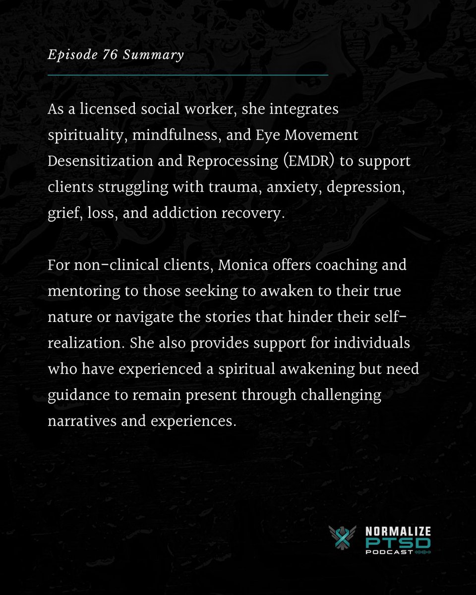 NormalizePtsd's tweet image. Episode 76 with Monica Robbins is available now on
normalizeptsd.com

📣
Please share and like on IG, FB, LinkedIn, Youtube and X to further support our PTSD community.

#NormalizePSTD #PTSD #NewEpisode