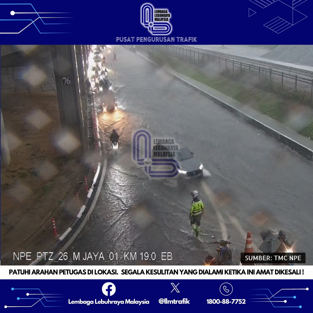 llmtrafik's tweet photo. INFO HAL LUAR JANGKA (E10: LEBUHRAYA BARU PANTAI)

6.00pm🔸E10@NPE: Awas ⚠ berlaku banjir kilat di KM 18.9 (pusingan U Maju Jaya). Lorong kiri &amp; lorong tengah dinaiki air. Hanya lorong kanan boleh dilalui. Trafik perlahan. Cuaca hujan lebat.

Patuhi arahan petugas di lokasi ! https://t.co/zCZaSyG6OF