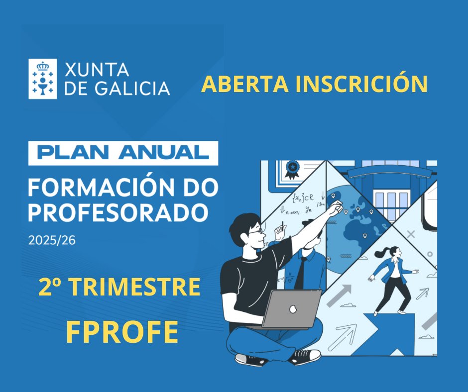 📚 Xa están abertas as actividades do 2º trimestre do Plan Anual de Formación do Profesorado!

✅ Actualiza os teus coñecementos ✅ Mellora as túas competencias ✅ Conecta con outros docentes

👉 Inscricións en Fprofe

#FormaciónDoProfesorado #EducaciónGalicia #Fprofe #Educación