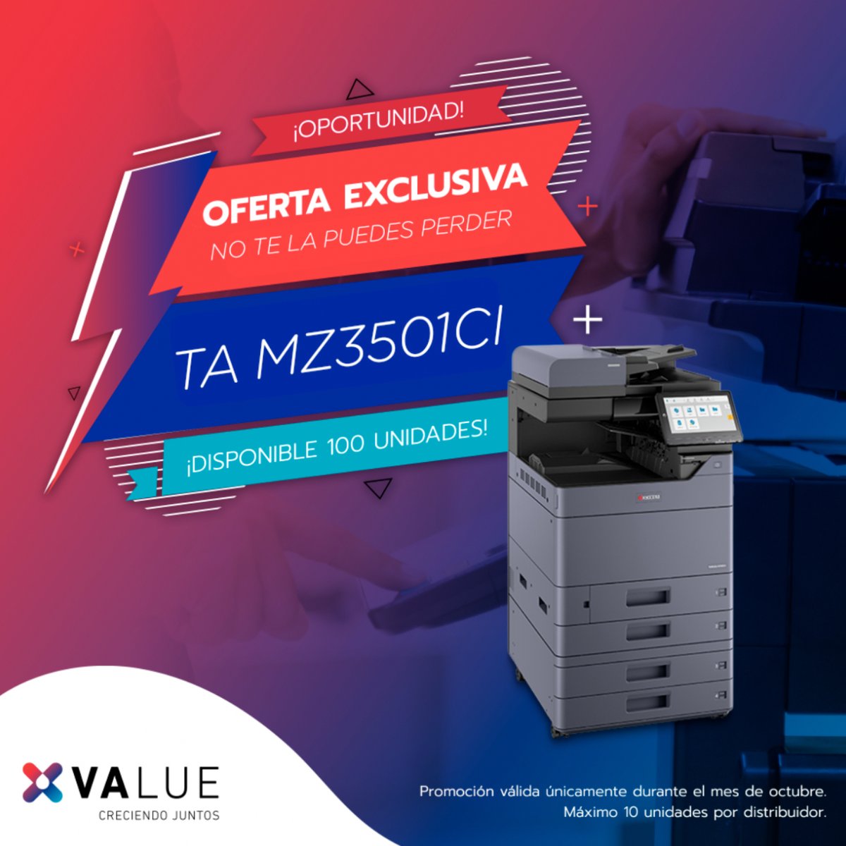 ¡Oportunidad exclusiva en VALUE!

Durante este mes, consigue la TA MZ3501CI en una promoción única.
Solo 100 unidades disponibles y un máximo de 10 por distribuidor.

Una oportunidad perfecta para sumar valor a tu negocio antes de fin de año.