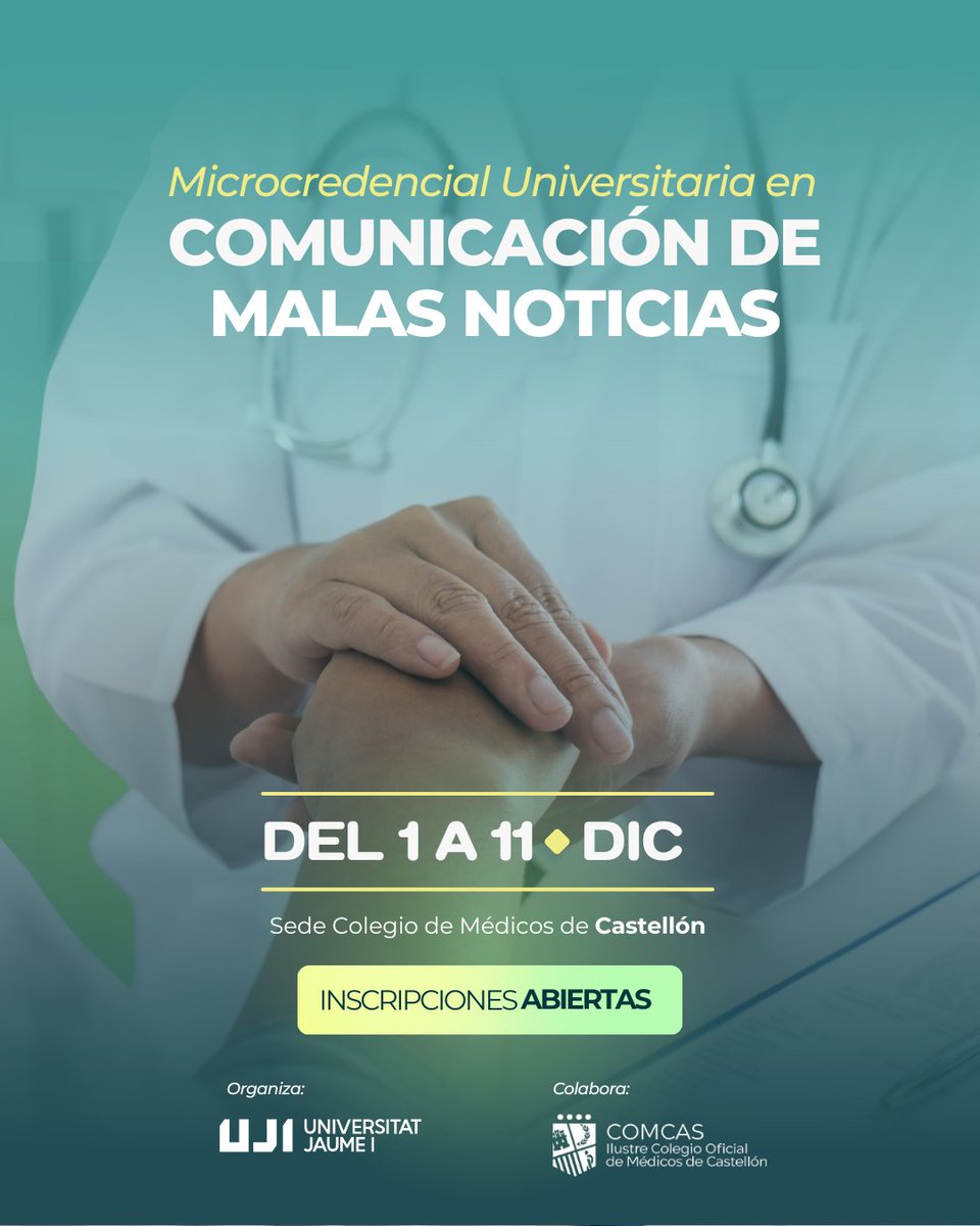 ColMedCastellon's tweet photo. 🤔 ¿Cuál es la mejor manera de transmitir una mala noticia a un paciente o a sus familiares?
🩺 Del 1 al 11 de diciembre, el Colegio de Médicos de Castellón, será la sede del Microcredencial Universitaria en Comunicación de Malas Noticias 💙
#COMCAS #ComunicacionSanitaria #UJI https://t.co/f34c6WZFUf