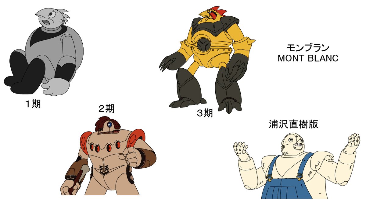471yorumu's tweet image. 歴代のモンブランを描き纏めてみました。
序に動画にもしてみましたので、是非御覧下さい→youtu.be/CKKs5nqwkSY

＃手塚治虫　＃浦沢直樹　＃ラレコ　＃鉄腕アトム　＃ASTROBOY　＃地上最大のロボット　＃モンブラン　＃Mont_Blanc