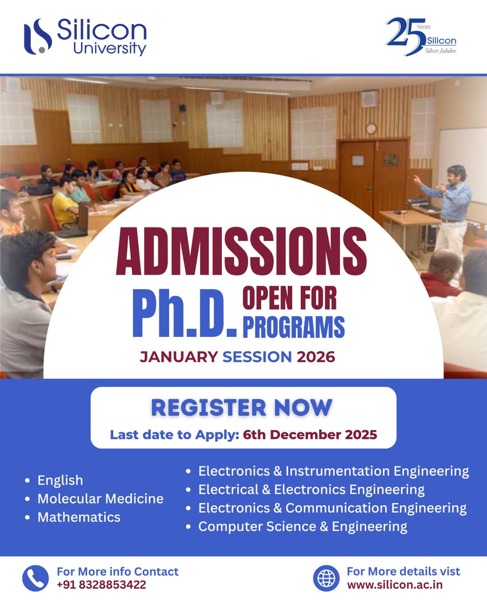 Silicontech_bbs's tweet image. Ph.D. Admissions – Jan 2026 @Silicontech_bbs 
Apply now: erp.silicon.ac.in/silicon_suat/I…
📅 Last Date: 6 Dec 2025

#PhDAdmissions #SiliconUniversity #Research #HigherStudies #ApplyNow #silicontech