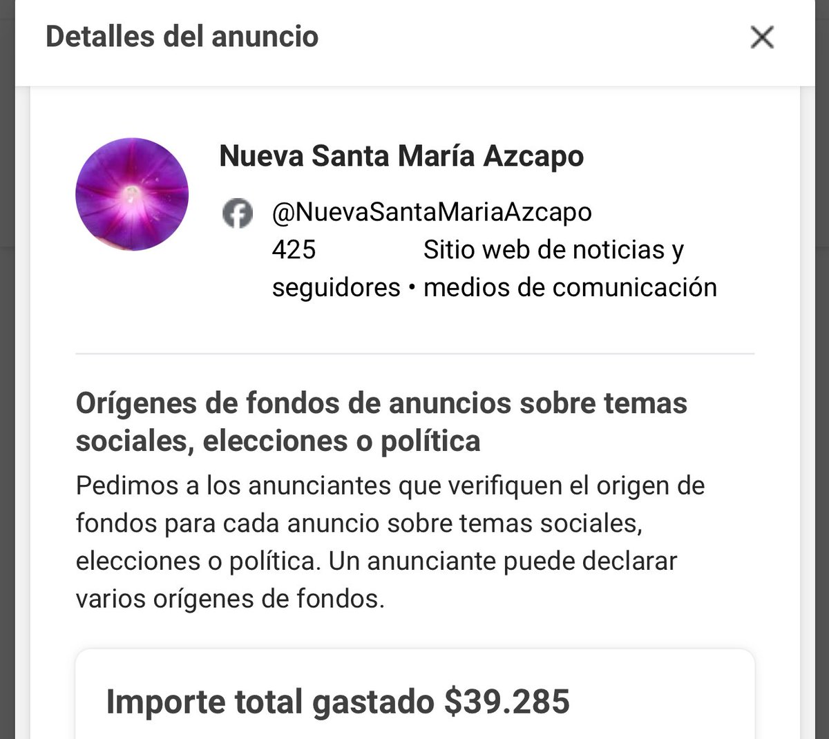 Desvelándome en Facebook y me sale que una página de noticias locales de la colonia Nueva Santa María, con 400 seguidores, que gasta $40 mil pesos en publicidad de “logros” de <a href="/Claudiashein/">Claudia Sheinbaum Pardo</a>.

En lugar de hacerse publicidad a sí mismos, para crecer. Qué mal estrategia, jaja.. not.