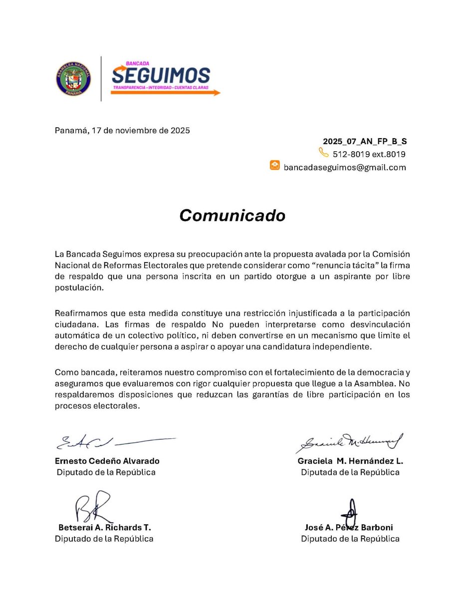 La Bancada Seguimos, de la Asamblea Nacional de Diputados de Panamá, no avalará la reformas electorales que restrinjan los derechos ciudadanos, para acceder a un cargo libre de elección popular.