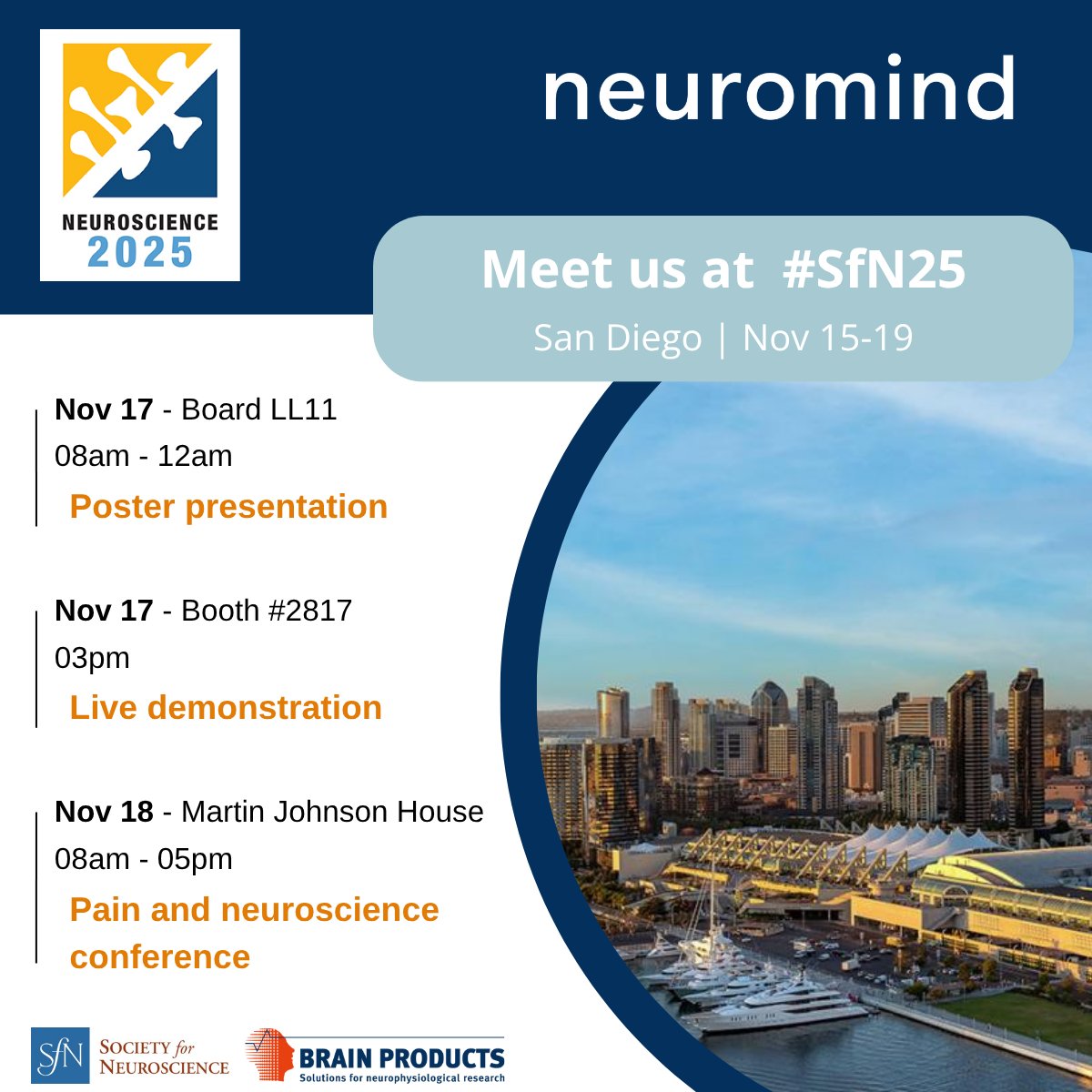 📅 Nov 17–18 | #SfN2025
 Healthy Mind is in San Diego to present Neuromind, our next-gen #VR + #EEG neurofeedback solution 🧠✨
➡️ Nov 17, 8–12 AM: Poster LL11
➡️ Nov 17, 3 PM: Demo at Brain Products booth (#2817)
➡️ Tomorrow: at the Pain &amp; Neuroscience Conference 🔬

#Neurotech