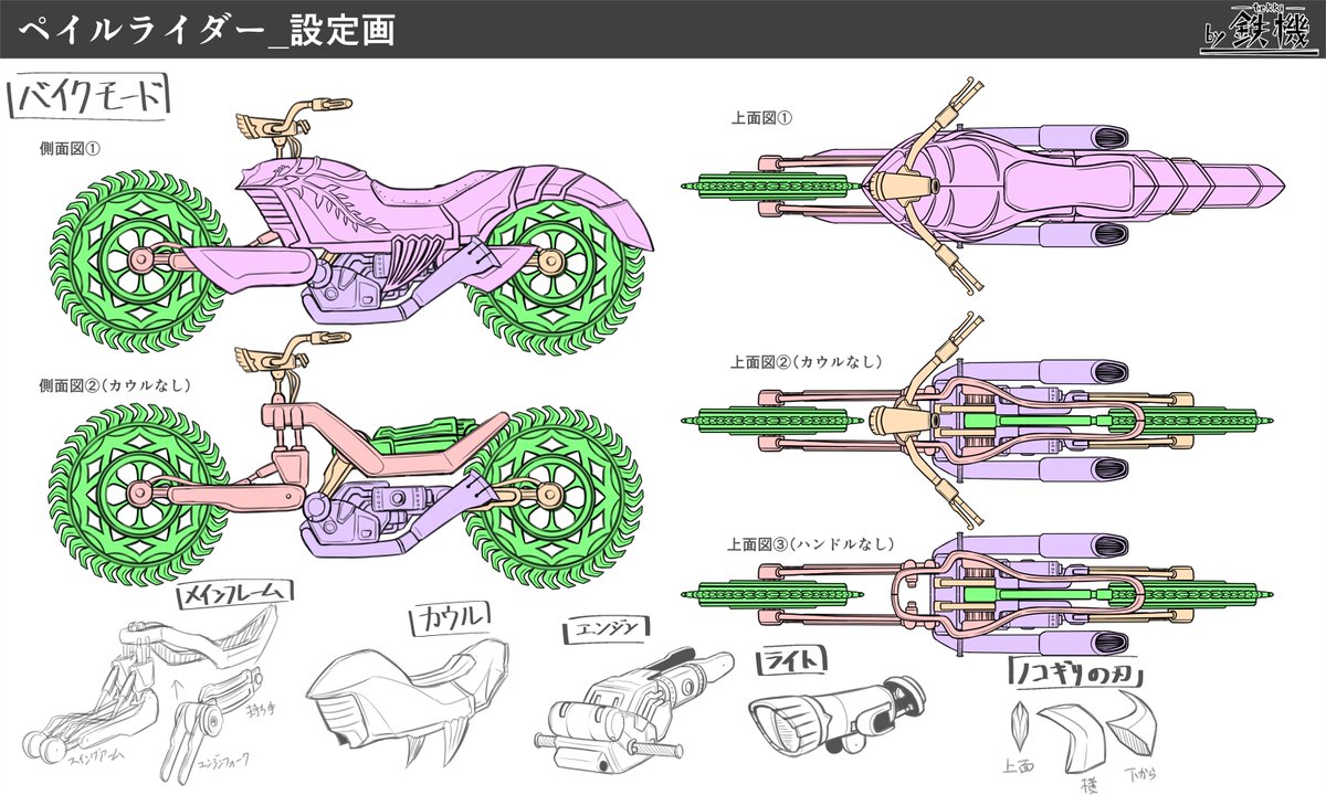 エターナル14歳様の漫画『廻生の血盟者』にて、敵側が用いる血戒兵装の一つ＜ペイルライダー＞のメカデザインのお手伝いをさせて頂きました！
これはパーツ分けの解説図になります

（※ガワのデザインではなく、武器→バイク形態へ変形できるような立体構造のご提案という部分を担当）

#廻生の血盟者