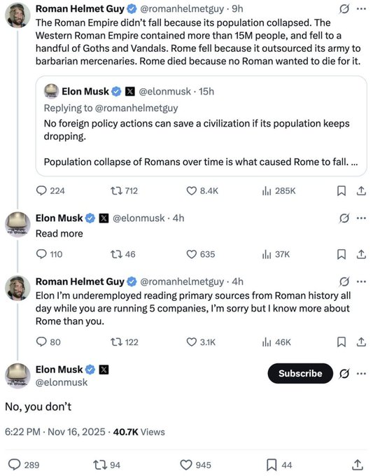 k_gaita's tweet photo. It's clear that neither @elonmusk nor @romanhelmetguy know why the Roman Empire fell. Any idiot knows that Asterix &amp; Obelix brought it down. https://t.co/lVBxHEuhRO