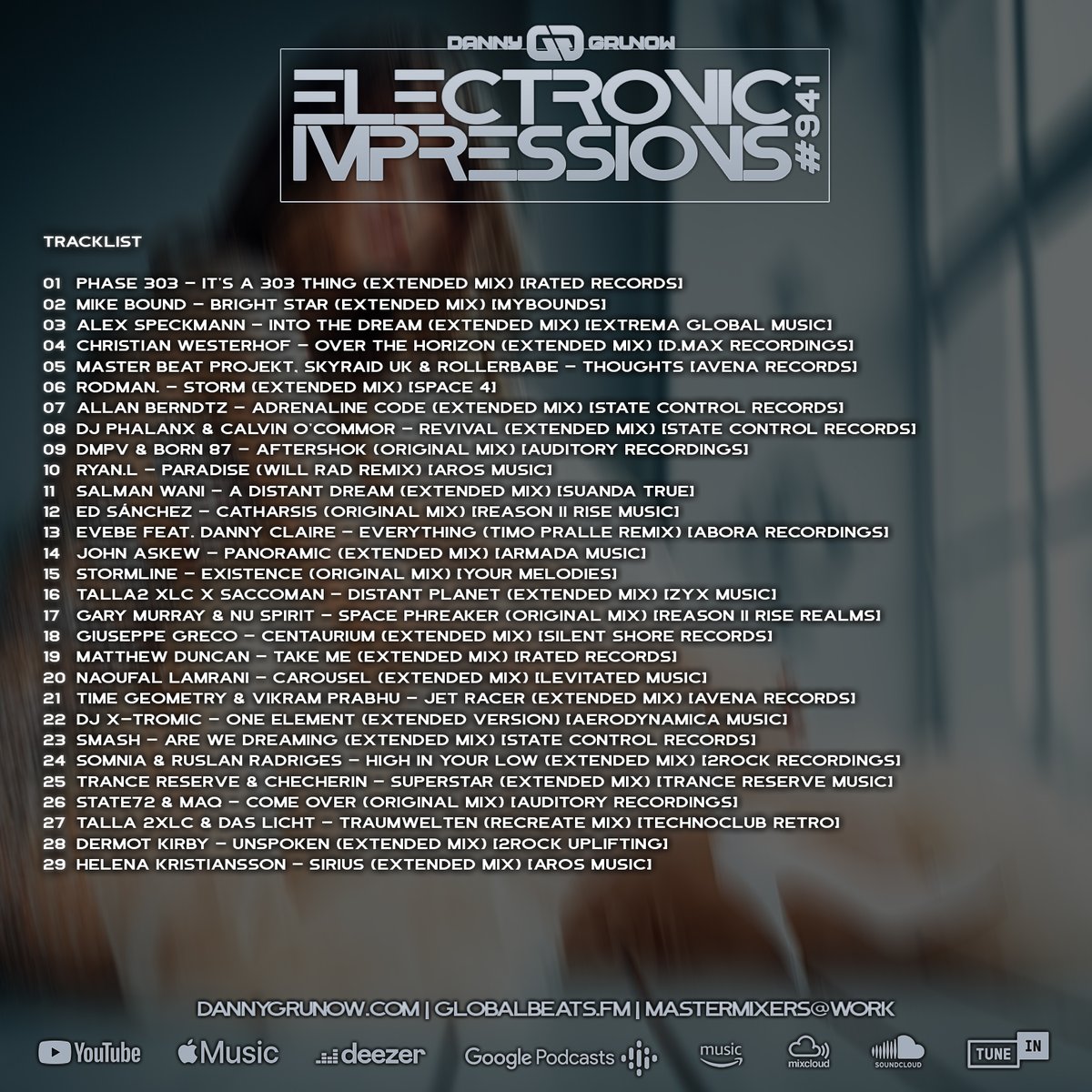 🚀 Electronic Impressions 941 is OUT NOW!
29 tracks of pure trance energy — from Phase 303, Mike Bound, John Askew, Talla 2XLC, DJ Phalanx &amp; more 💙
🎧 dg.fanlink.tv/ei941
#EI941 #Trance #ElectronicImpressions #TranceFamily #UpliftingTrance