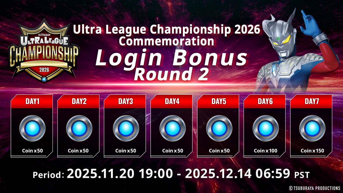 udcc_en's tweet image. ◤#UltramanDigitalCardCollection◢ 

Starting today, ULTRA LEAGUE CHAMPIONSHIP Commemoration Login Bonus Round 2 is now live! ✨🎉✨

Check the app for more details👀✨

#UltramanCardGame #UltramanCollection