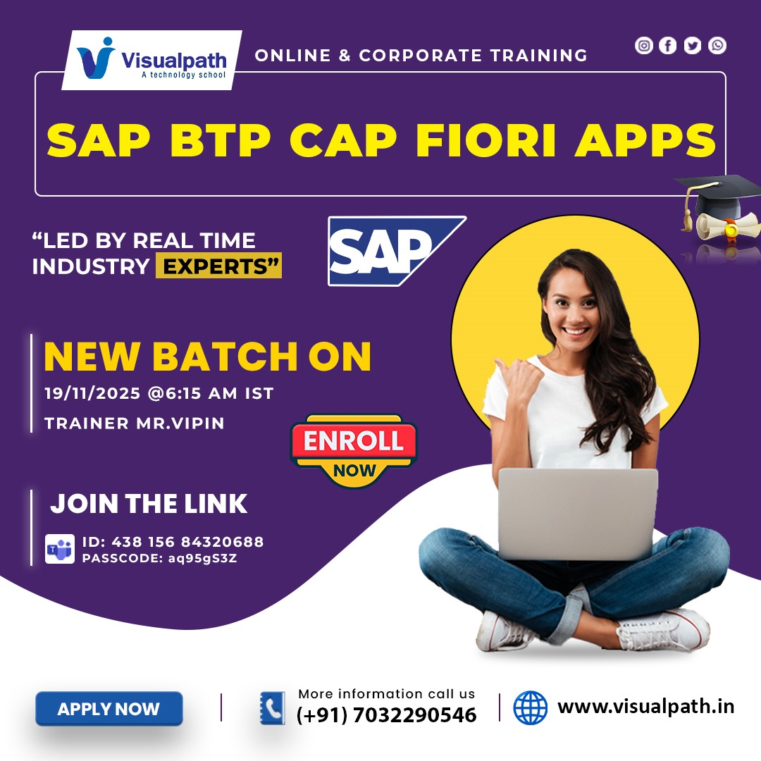 VisualpathPro's tweet image. ✨ Upcoming New Batch – SAP BTP CAP Fiori Apps
👨‍🏫 Trainer: Mr. Vipin
📅 Date &amp;amp; Time: 19/11/2025 @ 6:15 AM IST
🔗 Join the Live: bit.ly/47I1S9O 
🆔 Meeting ID: 438 156 84320688
🔐 Passcode: aq95gS3Z

📞 Contact: +91 7032290546
🌍 Website: visualpath.in

#SAPBTP
