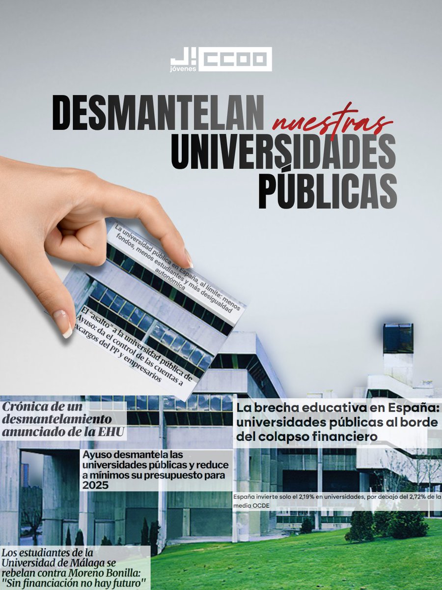 JovenesCCOO's tweet image. Hoy, Día Internacional de los Estudiantes, alzamos la voz contra un sistema que excluye y endeuda.

Cada vez menos plazas, menos oportunidades, más barreras y más deudas. 

Las estudiantes no merecen un modelo que tensiona el presente y compromete su futuro.

Toca reaccionar.
