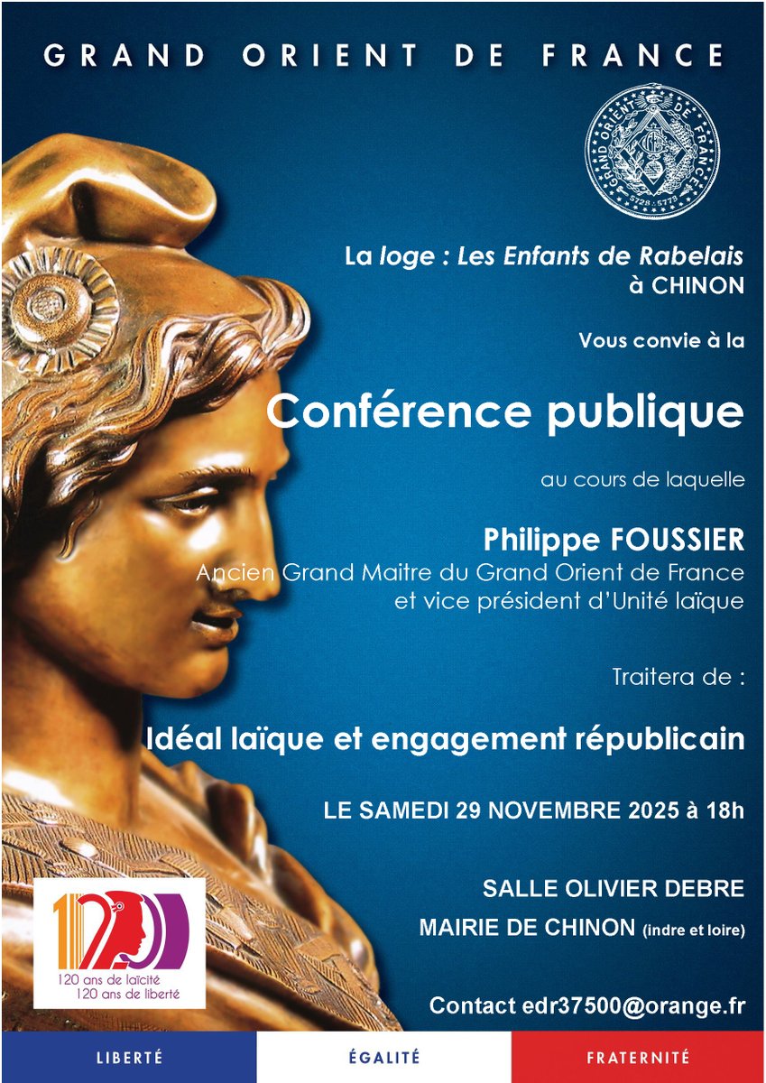 Idéal laïque et engagement républicain,
Conférence publique organisée par la Loge Les Enfants de Rabelais samedi 29 novembre à 18h à Chinon. ➡️Informations : bit.ly/4o3cmFr