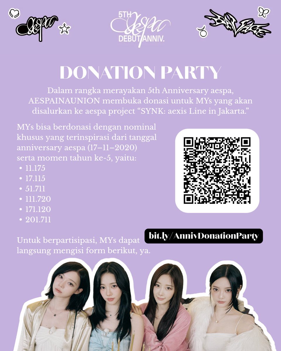 ✨ AESPA 5th Anniversary — Donation Party! ✨

Dalam rangka merayakan anniv, AESPAINAUNION membuka donasi untuk MYs yang akan disalurkan ke project “SYNK: aexis Line in Jakarta.”

MYs bisa berdonasi dengan nominal spesial, loh!

#FiveYearsWithAESPA
#에스파_오래오래_사랑할게
