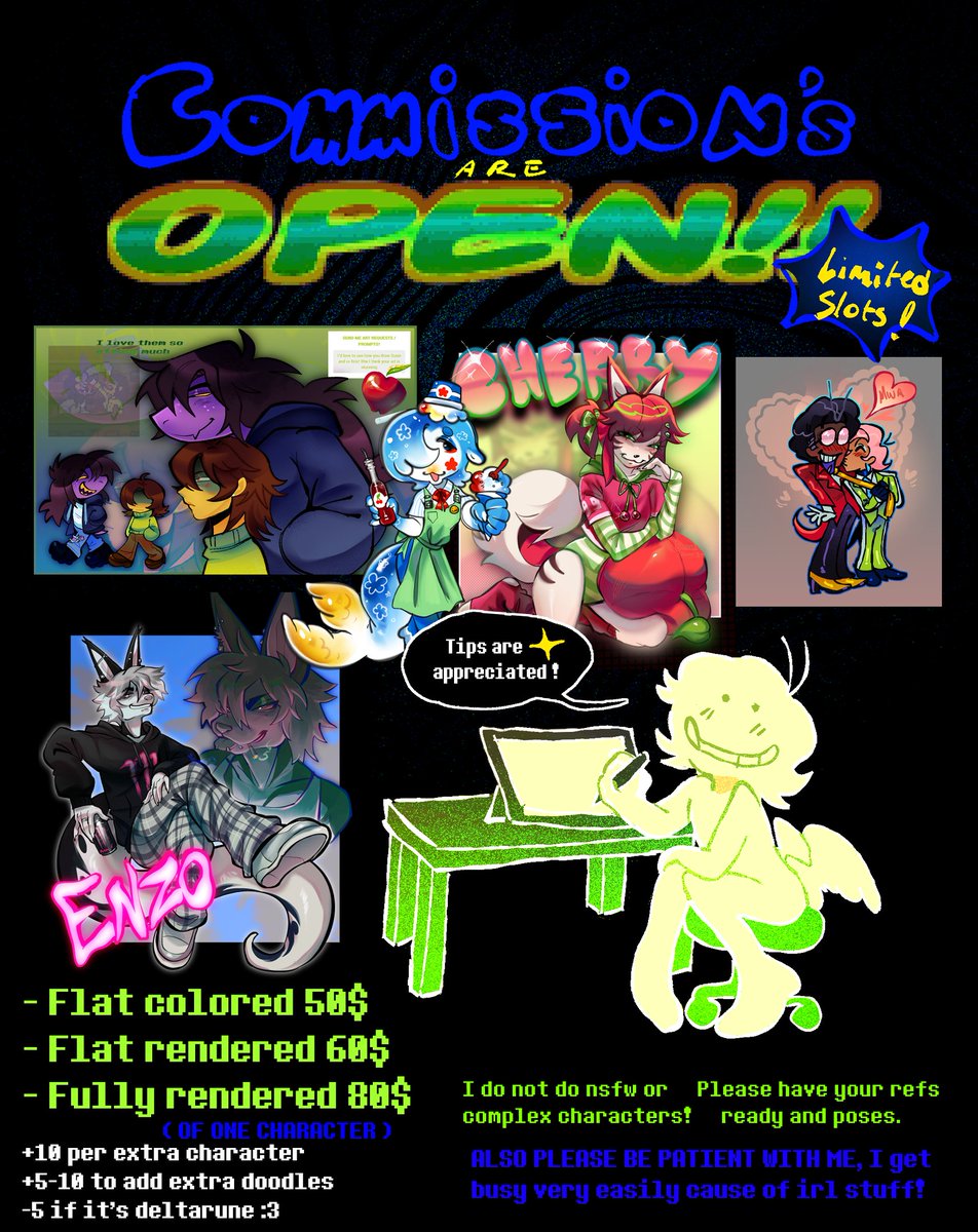COMMISSIONS ARE OPEN.. I'm opening up 4 slots! 🍈
I will be closing and reopening them so if you don't get a chance for the first round there is always the second!