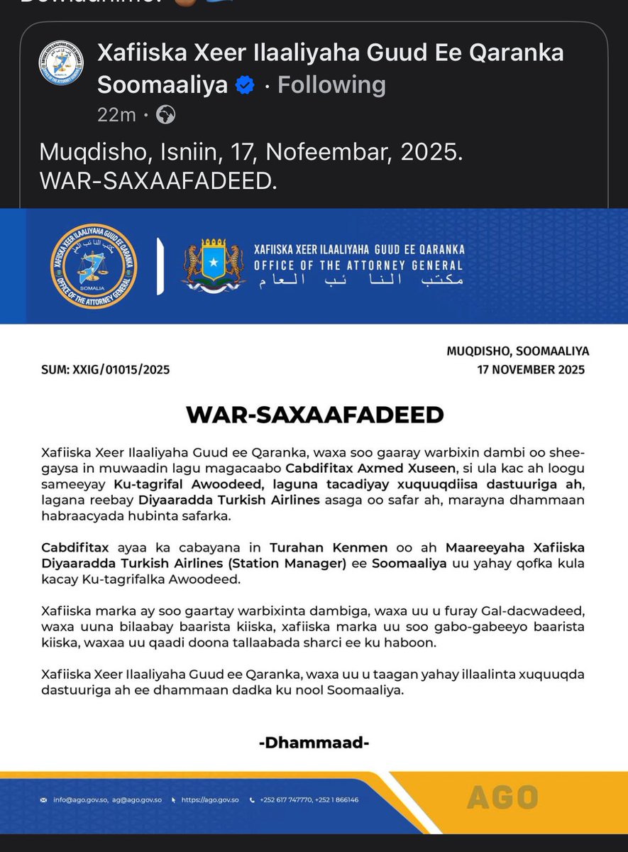 AbdiAddow1's tweet image. It’s official now. Thanks to the National Prosecutor’s office, thanks to the whole governance and big thanks to the Somali people for their support.

Tan waxaa kale oo ay cashar u tahay Daba-Dhilif iyo Shisheeye kalkaal.