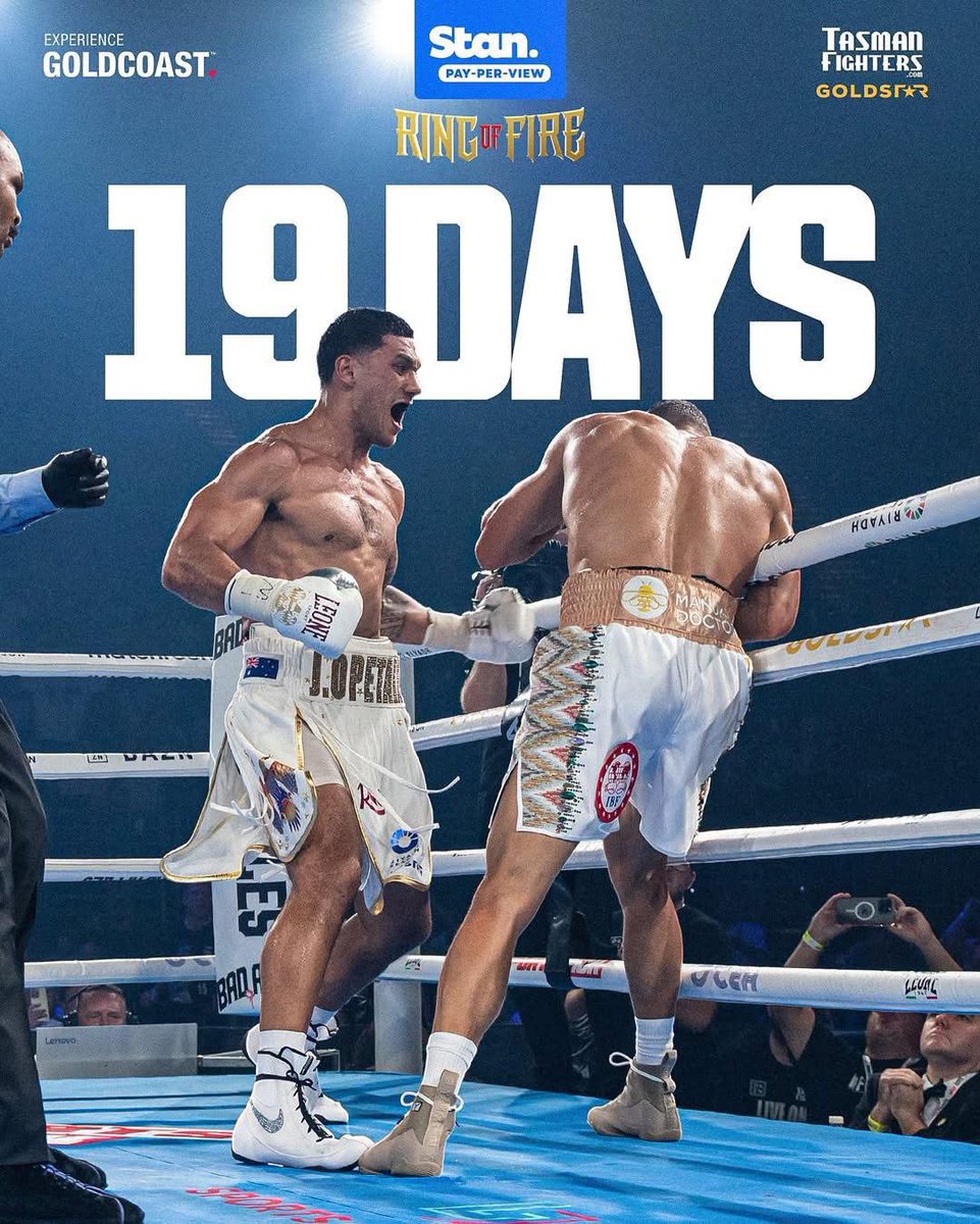 19 Days🔥 Opetaia Vs Cinkara 😤

We are headed for another sell out on the Goldie! Get your tickets  🎫  events.tasmanfighters.com 

📺 Live on <a href="/StanSportAU/">Stan Sport</a>