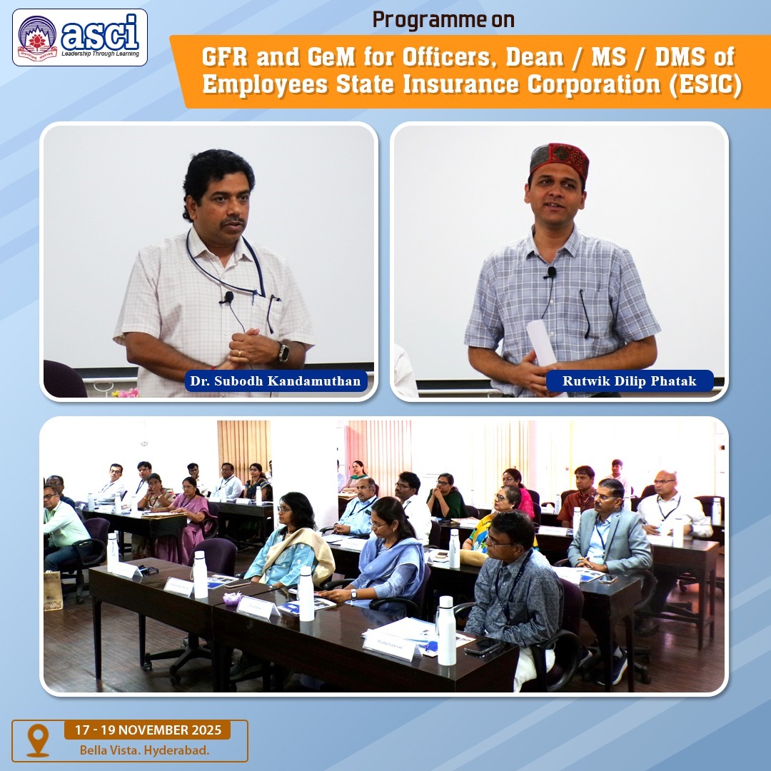 ASCIMEDIA's tweet image. The GFR &amp;amp; GeM Programme for ESIC Officers (Nov 17–19, 2025) is now underway at ASCI. Guided by Dr Subodh Kandamuthan &amp;amp; Rutwik Dilip Phatak, today’s sessions focused on GFR basics, procurement processes, and key statutory guidelines. #ASCI #ESIC #Training #GFR #GeM